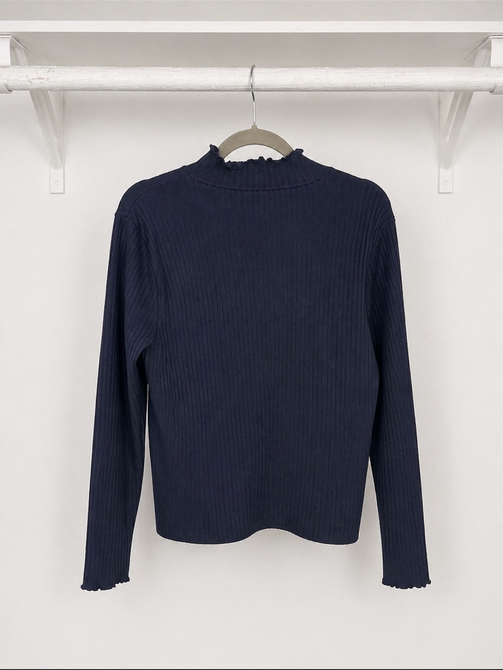 J Crew Ribbed Mock Neck Top Navy Blue Long Sleeve Stretch Fitted Size Women’s L